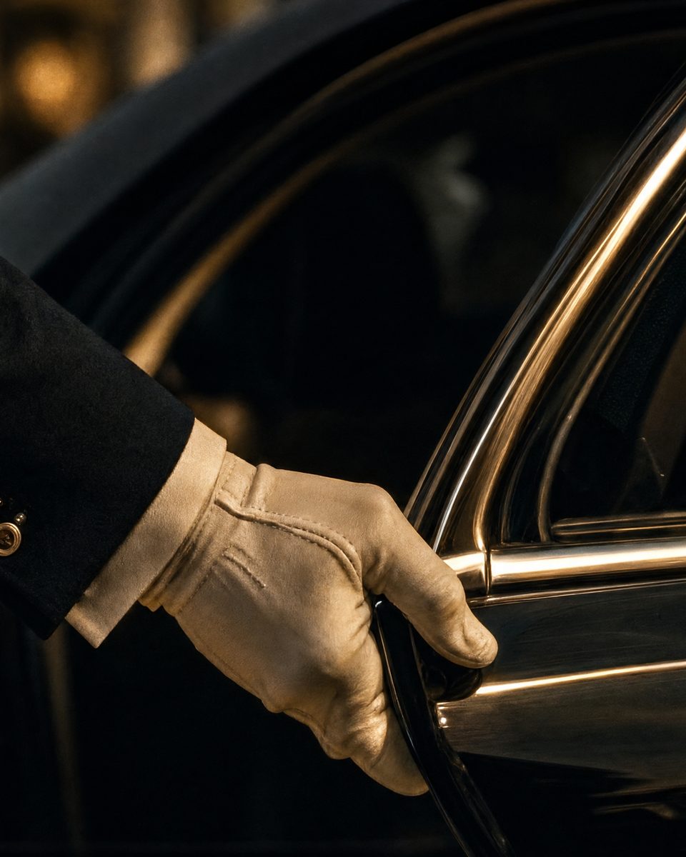 A gloved hand at the door of a car drawn up under the portico