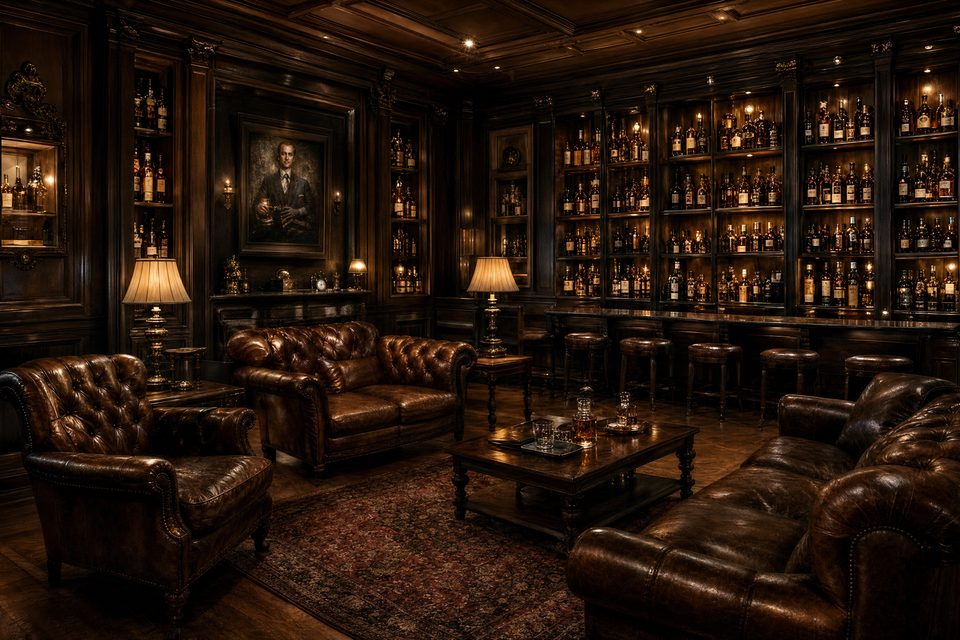 The whisky lounge, chesterfields drawn up to a wall of bottles