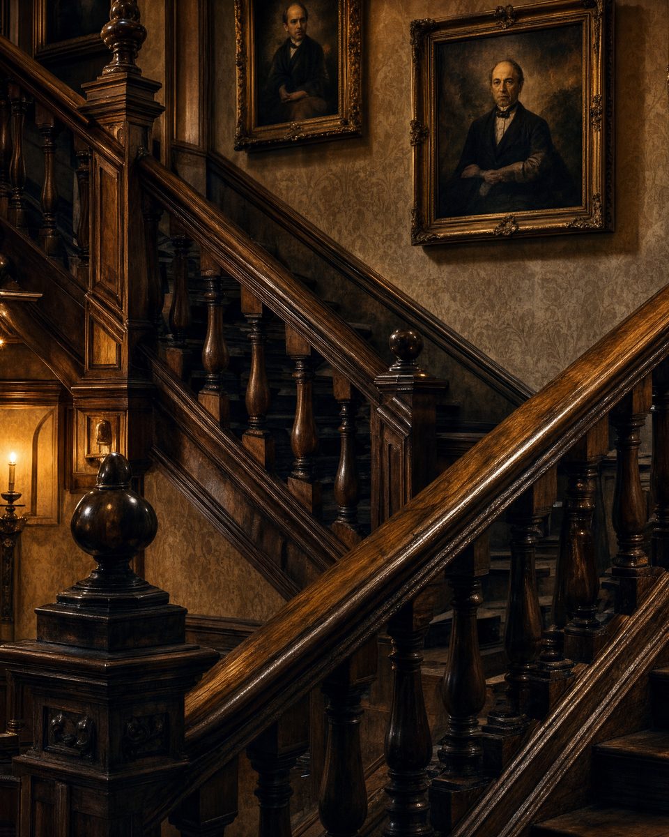 The carved newel post of the main staircase, portraits climbing the wall beside it
