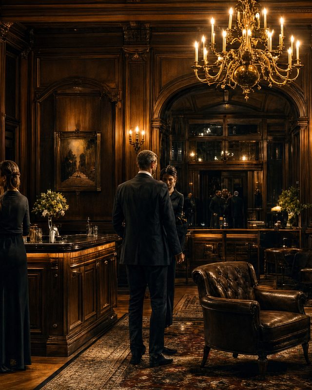 Members standing at the panelled club bar beneath a chandelier